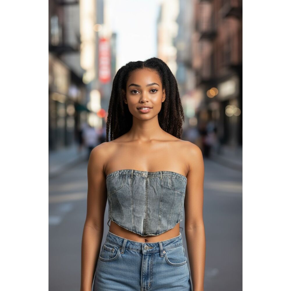 PrettyLittleThing Light Wash Jean Waistband Detail Denim Corset Top Size 20 US